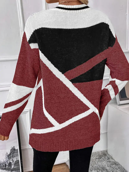 Trixie - Casual Lang Strikket Sweater med Geometrisk Color Block og V-Hals til Dame | Perfekt til alle årstider