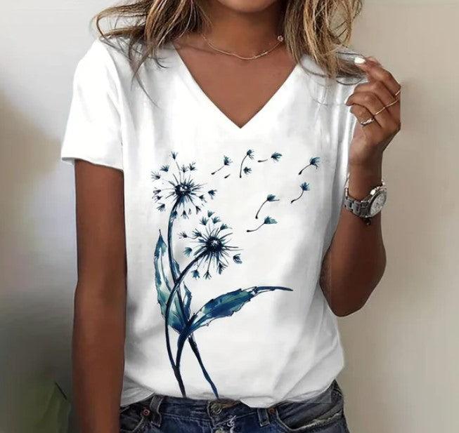 Isabella - Stilfuld Hvid Grafisk V-Hals T-Shirt Med Blomsterdans Print til Dame | Ideel til sommer